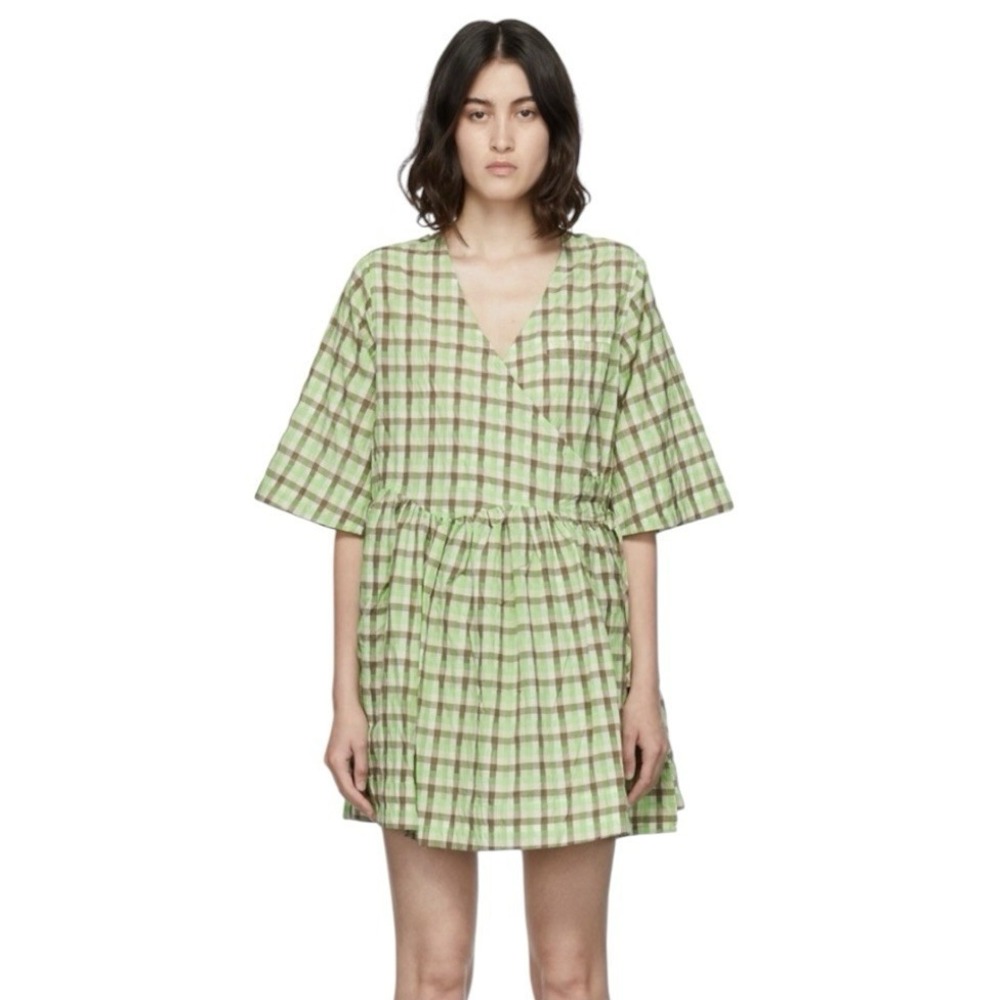 GANNI Seersucker Check Wrap Mini Dress Women's L/XL‎ Oversized Plaid Luxury